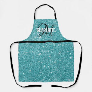 Tablier Nom chic de monogramme de parties scintillant turq
