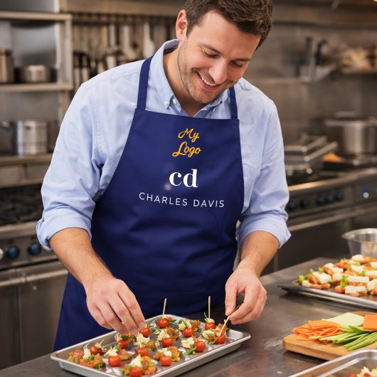 Tablier Nom commercial bleu marine monogramme blanc nom