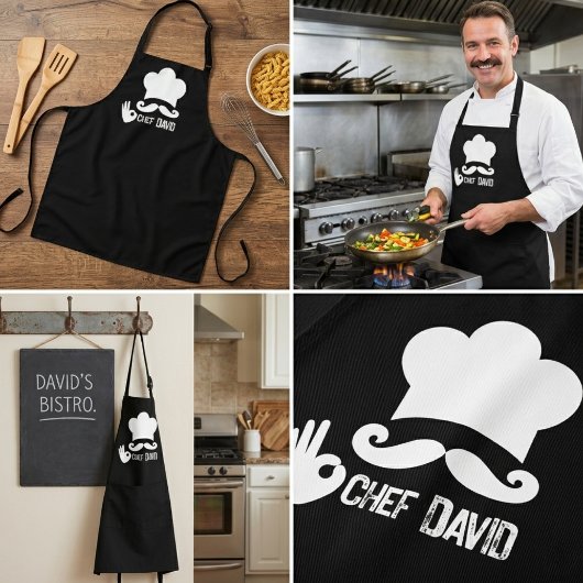 Tablier Nom de chef à moustache noire drôle