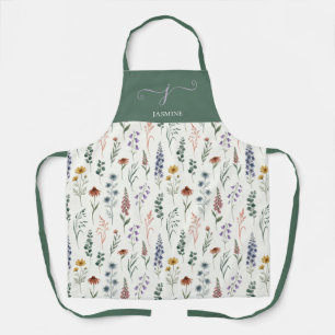Tablier Nom de monogramme bohème de fleur sauvage à l'aqua