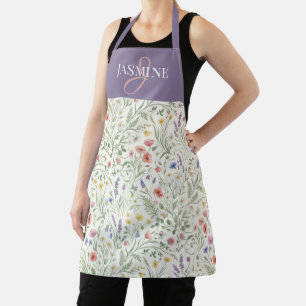 Tablier Nom de monogramme bohème de fleur sauvage aquarell