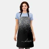 Tablier Nom de monogramme girly pailleté argent noir (Porté)