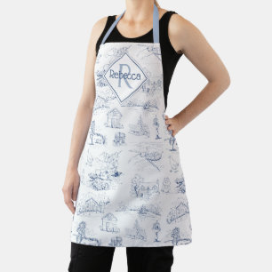 Tablier Nom de monogramme vintage toile bleue design de fe