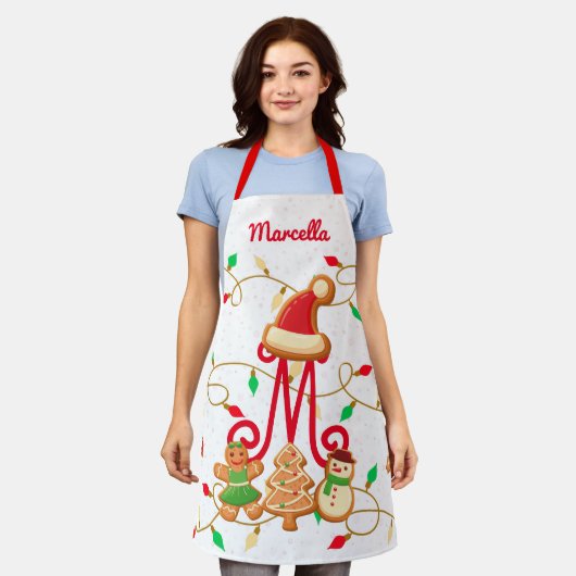 Tablier Nom de Noël Monogramme Custom Gingpain Rouge (Porté)