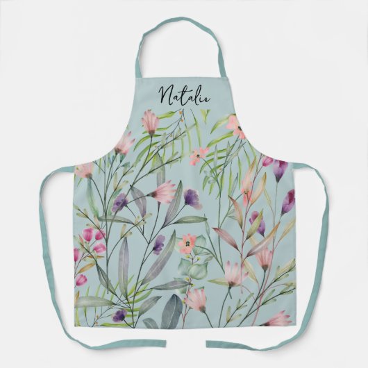 Tablier Nom de script de joli feuillage minimal motif bleu (Recto)