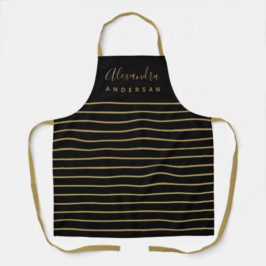Tablier Nom de script élégant Monogramme Black Gold Stripe (Recto)