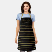 Tablier Nom de script élégant Monogramme Black Gold Stripe (Porté)