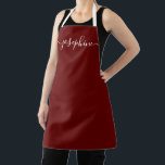 Tablier Nom de script élégant personnalisé doux Bourgogne<br><div class="desc">Accueillir un atelier botanique, succulent ? Et un cours de cuisine ? Donnez des tabliers rouges bordeaux personnalisés pour vos invités avec un élégant type de script de police qui les ravira sûrement. Parlez de ce cadeau sophistiqué. Conseil : pour garder les longues échasses à l'extrémité garder les petits carrés...</div>
