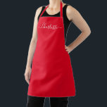 Tablier Nom de script moderne personnalisé rouge élégant c<br><div class="desc">Tablier de cuisine avec texte de nom de script moderne personnalisé rouge monogramme uni couleur unie féminin élégant chic rouge et blanc. Personnalisez-le avec un nom, une citation, une phrase ou un texte. Idéal pour les cuisiniers, les chefs, la poterie, la céramique, l'artisanat, le travail, la cuisine, la pâtisserie, le...</div>