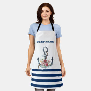 Tablier Nom du bateau, fleurs d'ancre bleu marine rayé