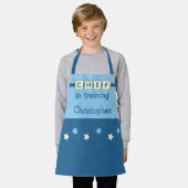 Tablier Nom du Chef enfant étoiles bleu jaune (Porté)