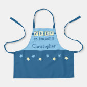 Tablier Nom du Chef enfant étoiles bleu jaune (Recto)