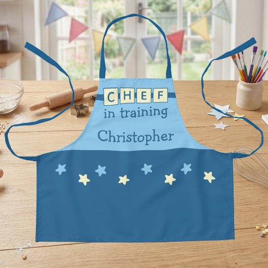 Tablier Nom du Chef enfant étoiles bleu jaune