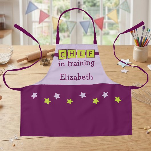 Tablier Nom du Chef Enfant étoiles violet vert