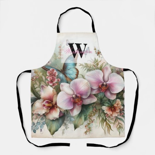 Tablier Nom du monogramme Fleurs tropicales Aquarelle feui (Recto)