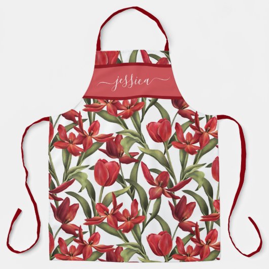 Tablier Nom du script de tulipes rouges chic (Recto)