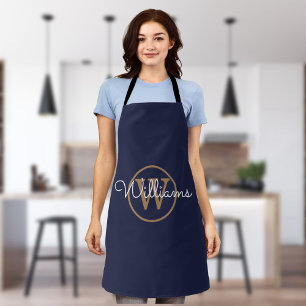 Tablier Nom en monogramme or et bleu marine