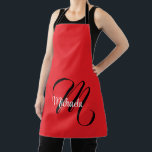 Tablier Nom initial minimaliste moderne monogramme rouge<br><div class="desc">Monogramme moderne minimaliste nom initial noir blanc. Nom personnalisé personnalisable avec une initiale cursive derrière sur une couleur rouge.</div>