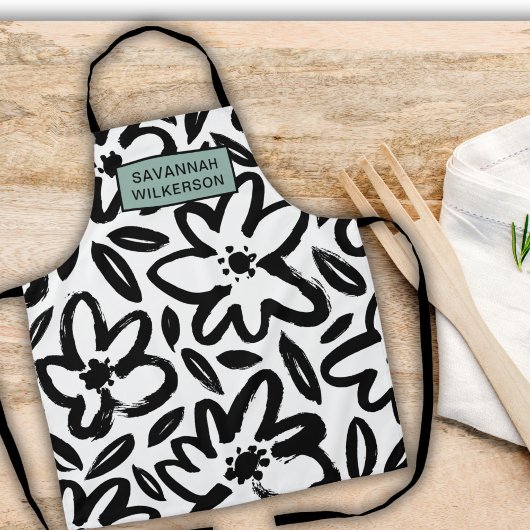 Tablier Nom moderne de fleur noir et blanc