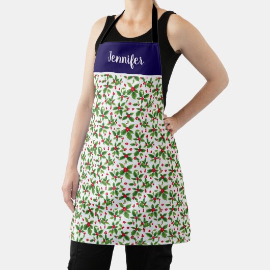 Tablier Nom monogramme baies de houx de Noël pour les vaca (Insitu)