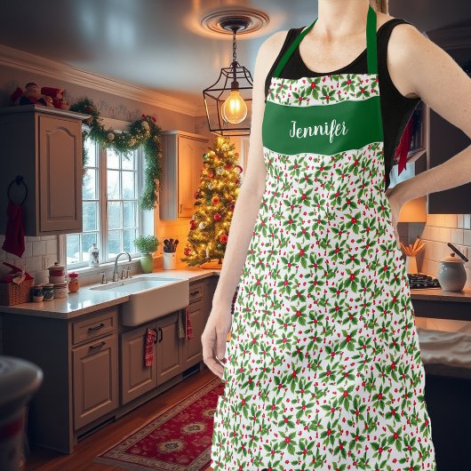 Tablier Nom monogramme baies de houx de Noël pour les vaca