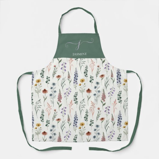 Tablier Nom monogramme bohème de fleur sauvage à l'aquarel (Recto)