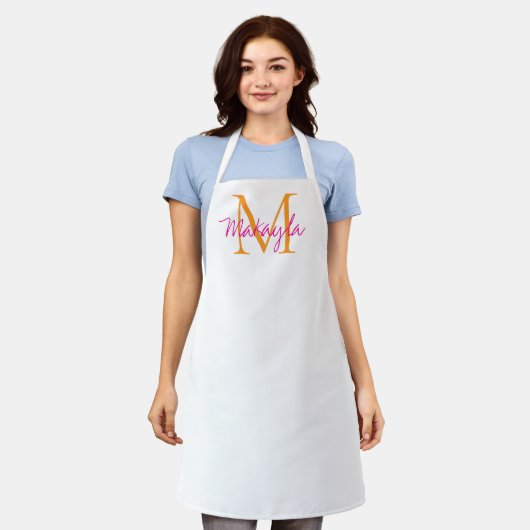 Tablier Nom Monogramme Script Rose (Porté)