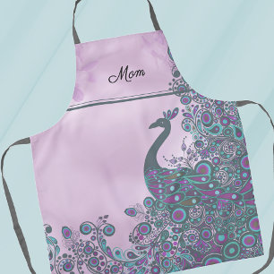 Tablier Nom, Motif décoratif de paon violet et sarcelle