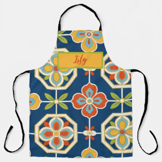 Tablier Nom personnalisé Carreaux Floraux Rétro Bleu Nuit