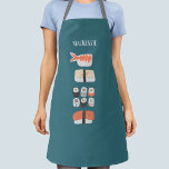 Tablier Nom personnalisé du Sushi<br><div class="desc">Cute sushi japonais art culinaire sur un arrière - plan vert profond. Modifiez ou supprimez le nom à personnaliser.</div>