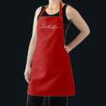 Tablier Nom personnalisé écriture manuscrite personnalisé<br><div class="desc">Texte de monogramme de nom de script moderne personnalisé rouge cerise cramoisi couleur unie girly élégant chic rouge cerise cramoisi et blanc tablier de cuisine. Personnalisez-le avec un nom, une citation, une phrase ou un texte. Idéal pour les cuisiniers, les chefs, la poterie, la céramique, l'artisanat, le travail, la cuisine,...</div>