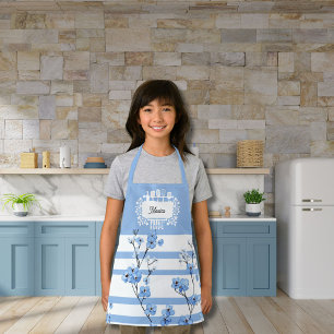 Tablier Nom personnalisé Fleurs bleues Design rayé