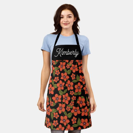Tablier Nom personnalisé floral rouge (Porté)