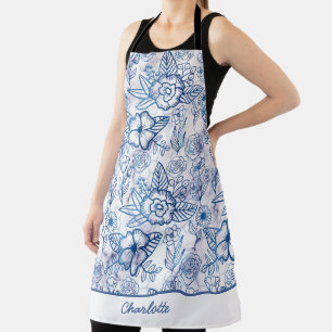 Tablier Nom personnalisé motif floral bleu transparent
