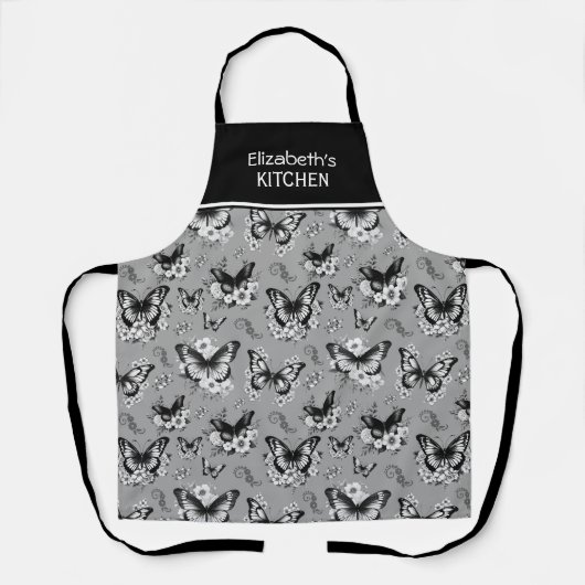 Tablier Nom personnalisé Motif papillon gris (Recto)