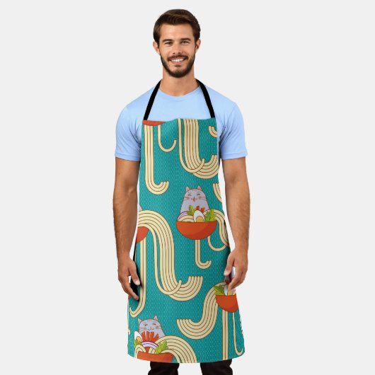 Tablier Noodles Funny Chats Arrière - plan Turquoise (Porté)