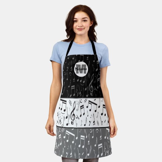Tablier Notes musicales en gris noir blanc Apron (Porté)