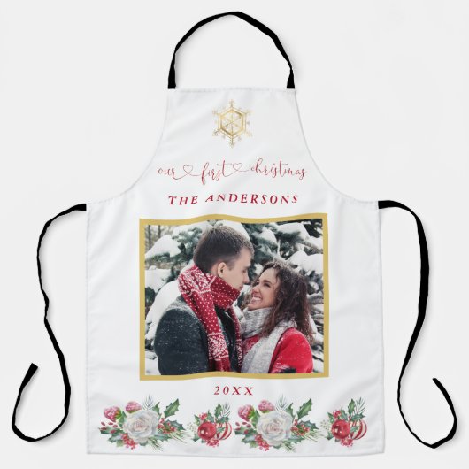 Tablier Notre premier Mariage photo floral de Noël (Recto)