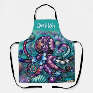 Tablier Octopus lunaire Floral Turquoise Purple Bleu Côte