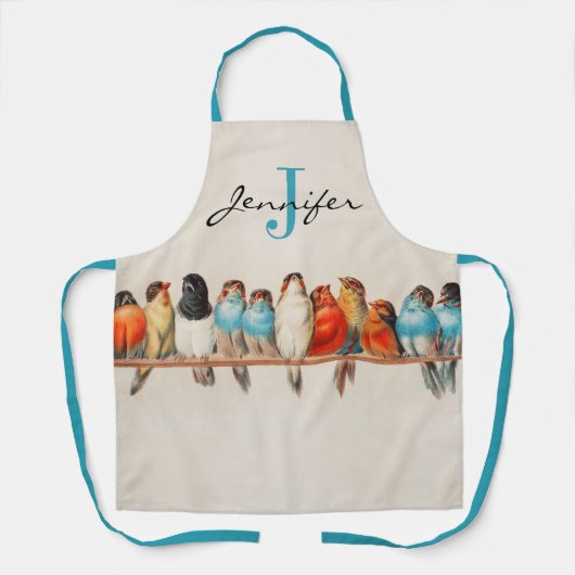 Tablier Oiseaux bleus Dusty customisés Nom du monogramme V (Recto)