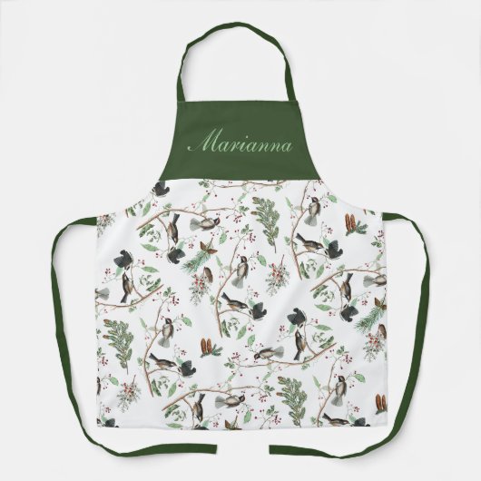 Tablier Oiseaux de poulet Baies et Pinecones Aquarelle (Recto)