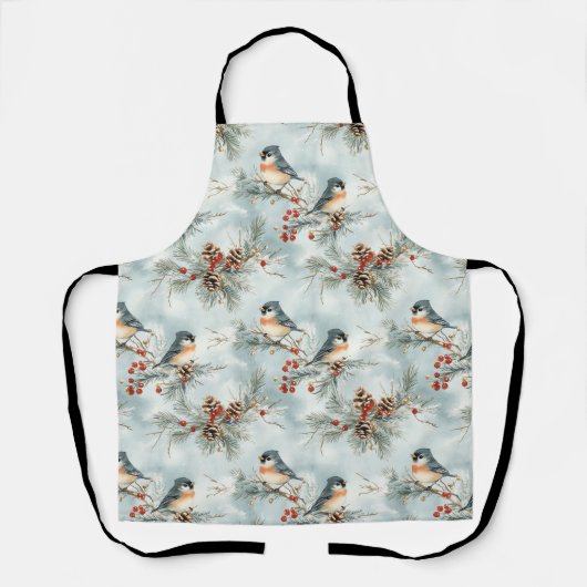 Tablier Oiseaux d'hiver Motif avec Pinecones et neige (Recto)
