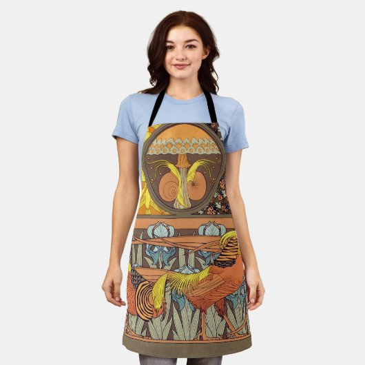 Tablier Oiseaux, faisans d'or & Irise Art Nouveau (Porté)