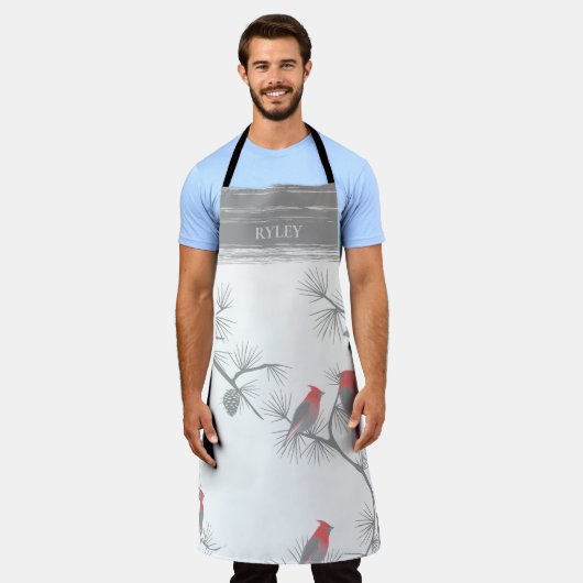 Tablier Oiseaux rouges d'hiver sur branches grises Monogra (Porté)