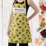 Tablier Olive Branch, Restaurant Chef Cook's Custom Name<br><div class="desc">Tablier amusant avec un motif de branches d'olivier dessinées à la main et deux lignes de texte personnalisé. Ajoutez le nom d'une personne, le nom de votre mère ou de votre grand-mère, le nom d'un restaurant, d'un café ou d'un magasin ou supprimez le texte et le rectangle et utilisez simplement...</div>