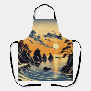 Tablier Orange Blue Sunset japonais Ink Style Plage Art