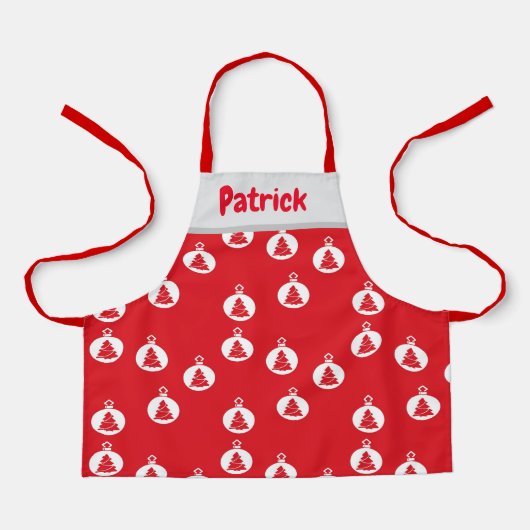 Tablier Ornements d'arbre blanc sur rouge (Recto)