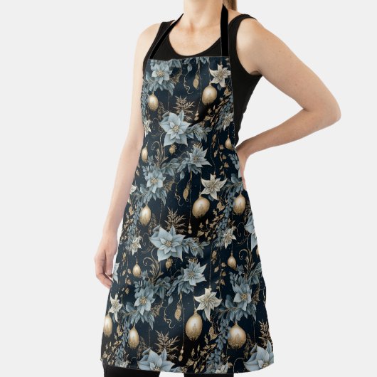 Tablier Ornements de Noël bleu et or Poinsettias (Insitu)