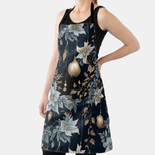 Tablier Ornements de Noël bleu et or Poinsettias (Insitu)