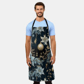 Tablier Ornements de Noël bleu et or Poinsettias (Porté)